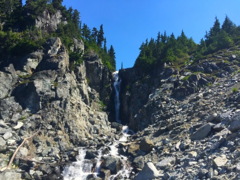A view of the waterfall that falls out of the third and final lake on the way to Tricouni peak.